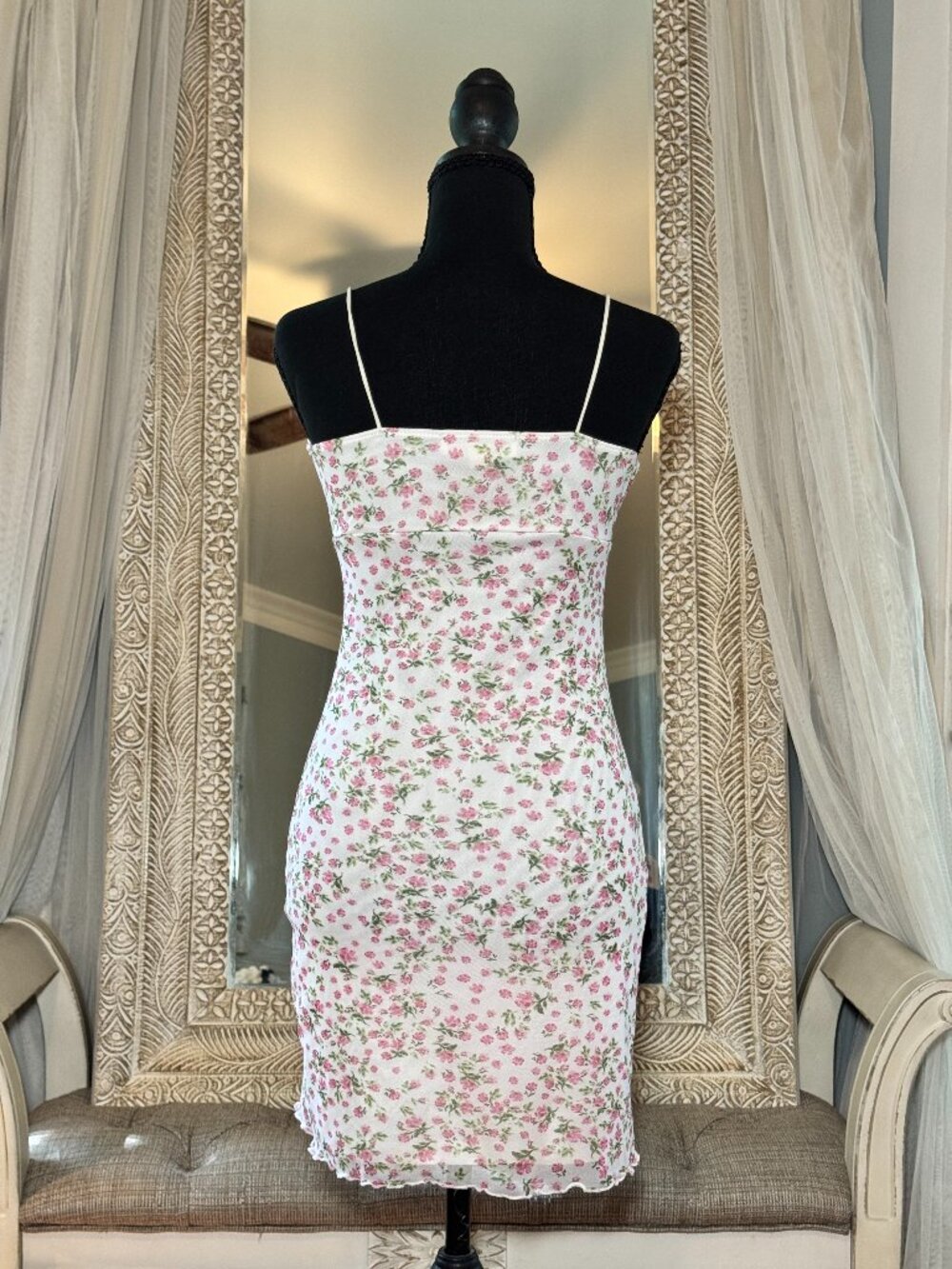 No Comment NY LA Pink Floral Mesh Mini Dress S Y2K Coquette - Picture 3 of 10